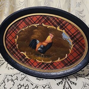 Vintage Painted Wood Oval Platter Rooster Plaid Gold Tone Trim Folk Art